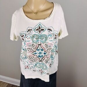 Coral Bay Woman's‎ SZ M 100% Cotton T-Shirt Bohemian Print Colorful Artsy